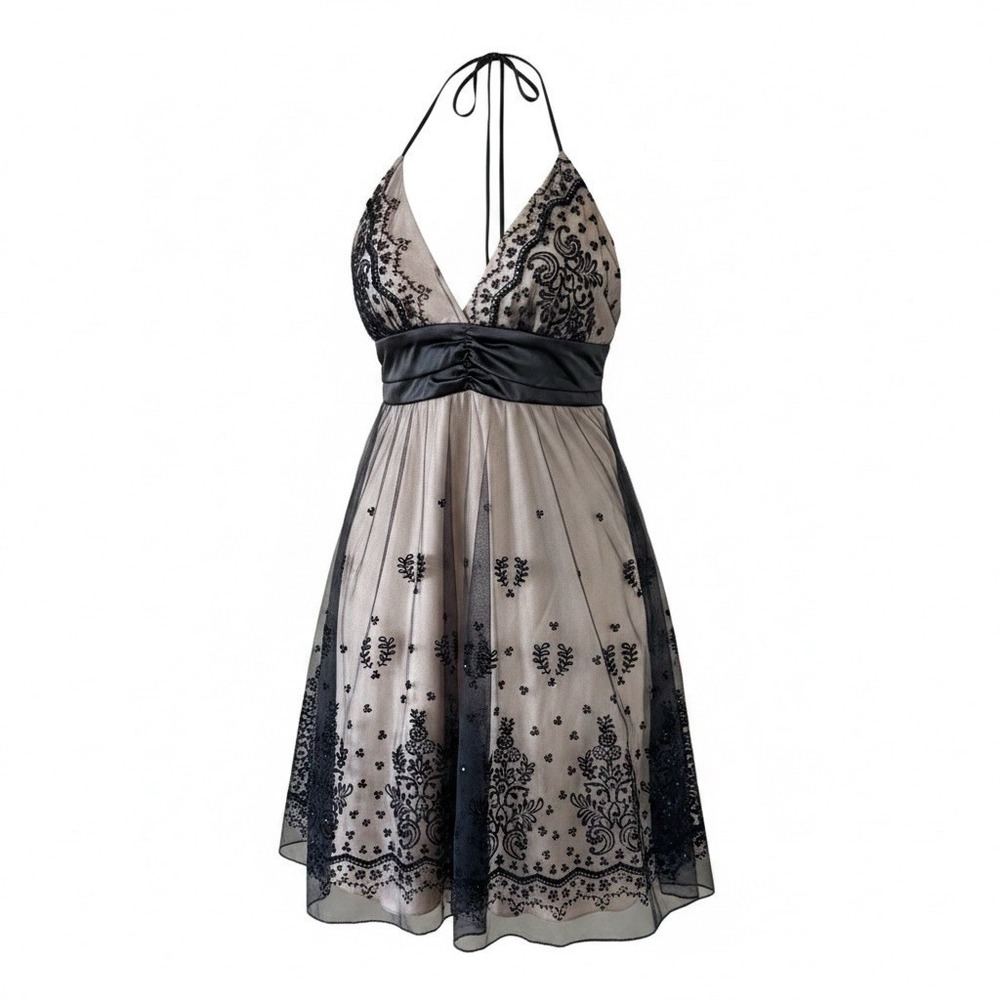 Black Lace Babydoll Dress Size M/Halter/Sheer Overlay/Mini/Y2K/Romantic/Cocktail